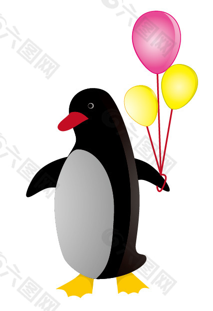 牵着彩色气球的卡通可爱小企鹅