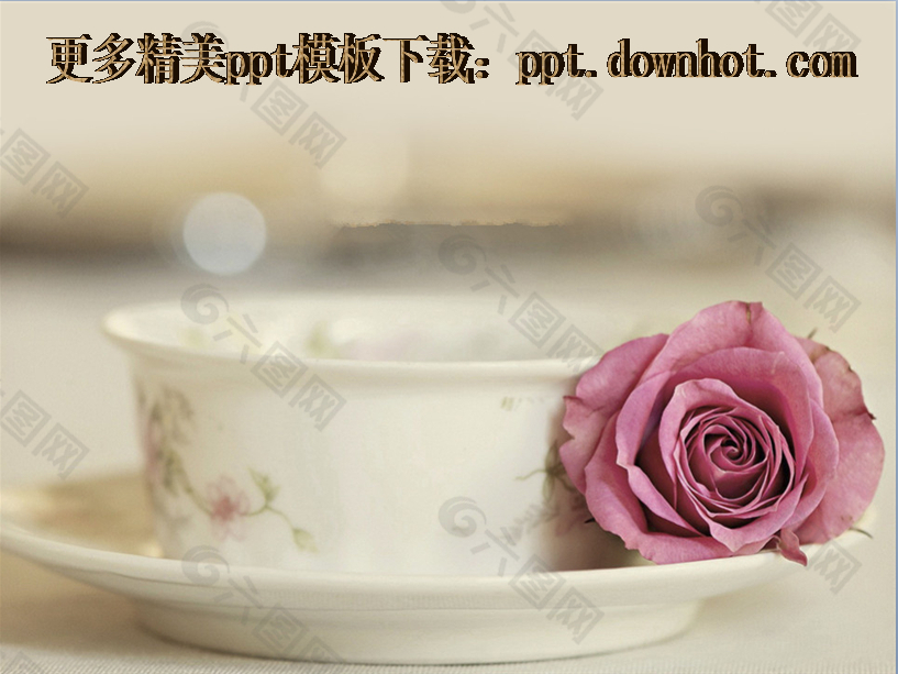 粉色玫瑰与咖啡杯背景的ppt模板