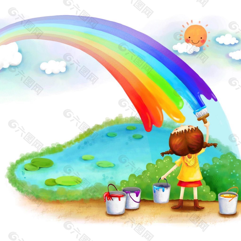 儿童卡通插画模板画彩虹的女孩