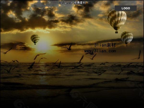 夕阳海景 热气球 海鸥PPT模板