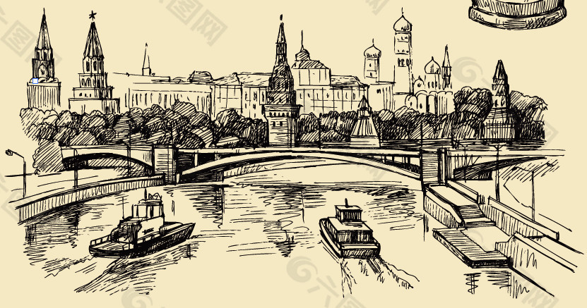欧洲古典城镇素描矢量素材