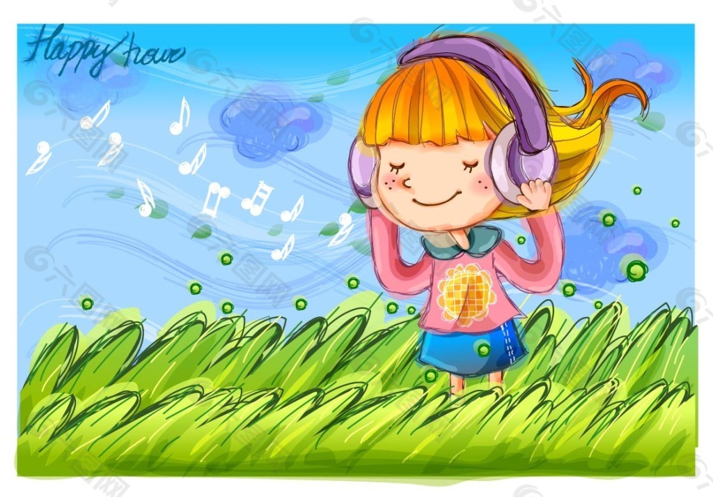 草地上听音乐的孩子