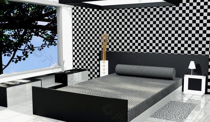 床的房间（黑色和白色）