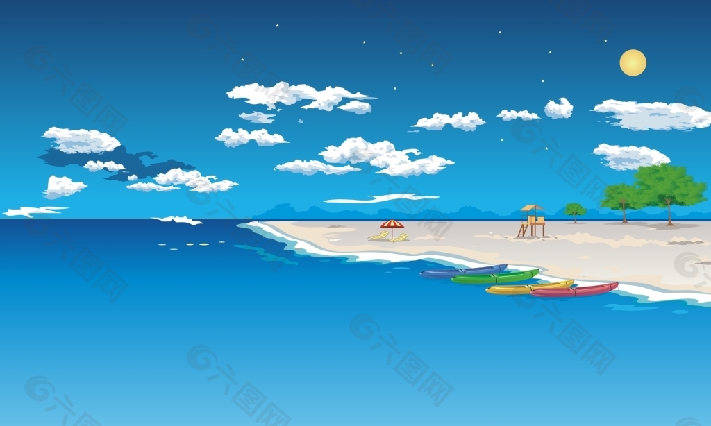 卡通蓝天白云阳光海滩背景