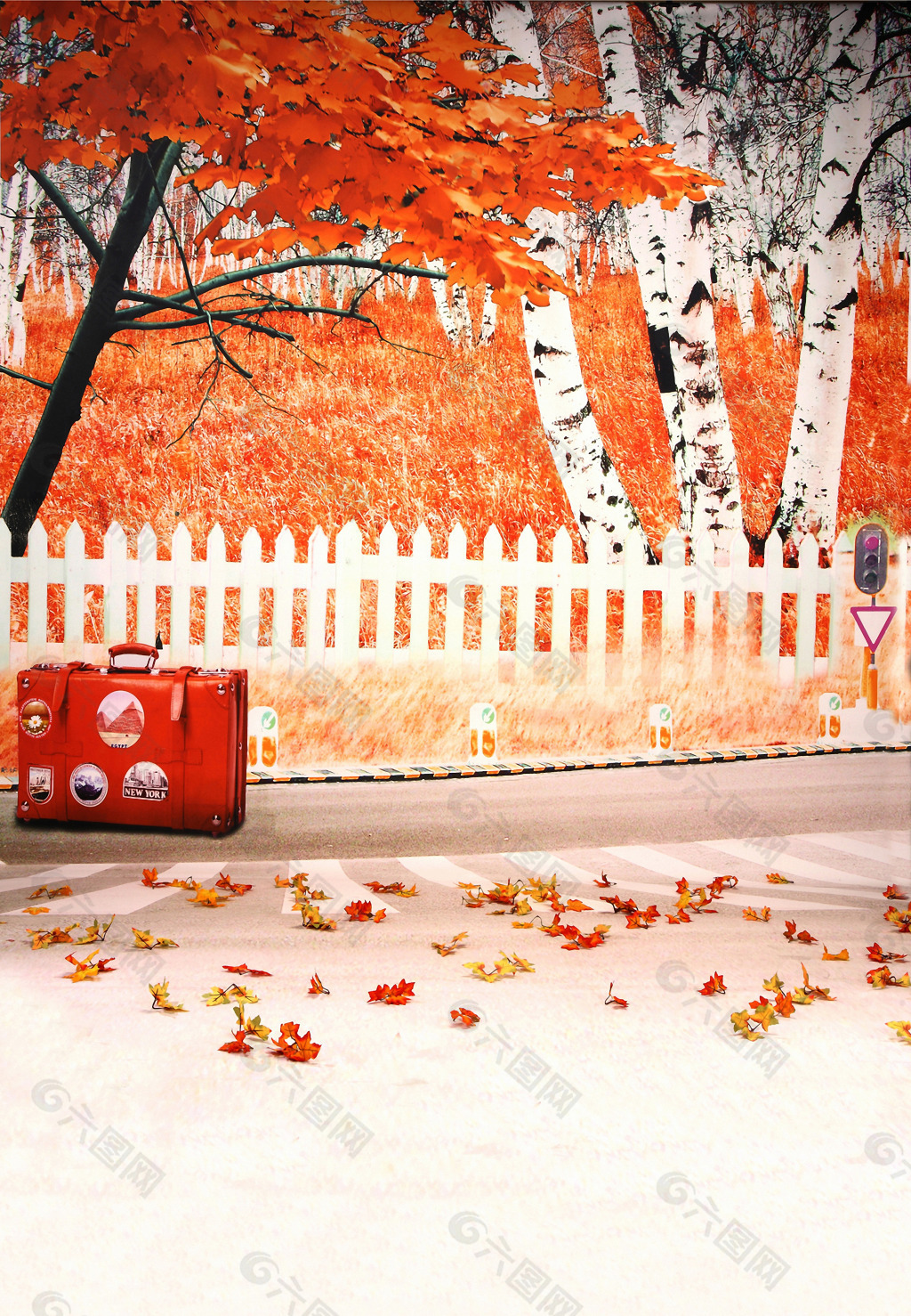 秋季枫叶影楼背景高清图片