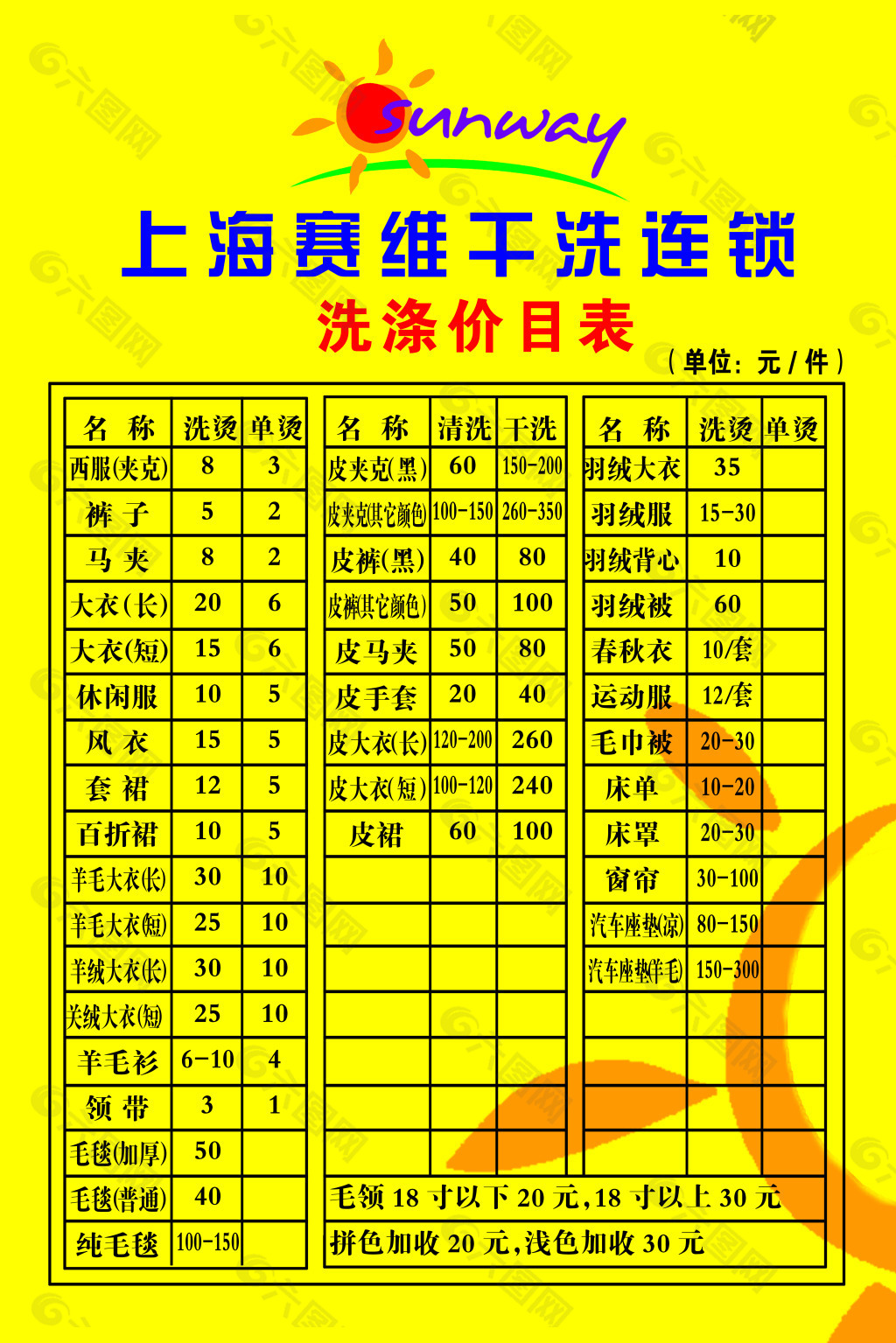 深圳干洗店收费价格表图片