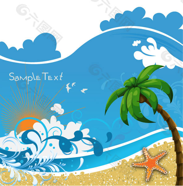 夏日悠悠椰树海星大海