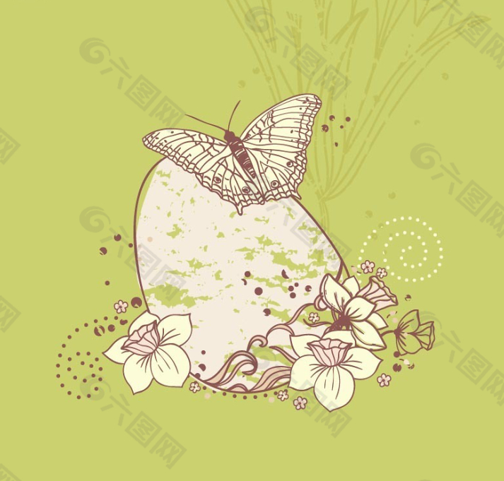 插画—植物前的蛋和蝴蝶以及花朵