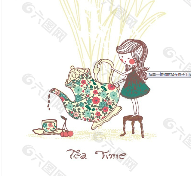 插画—植物前站在凳子上倒茶的女孩