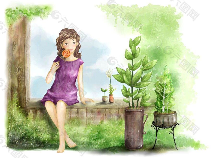 女生 和盆栽