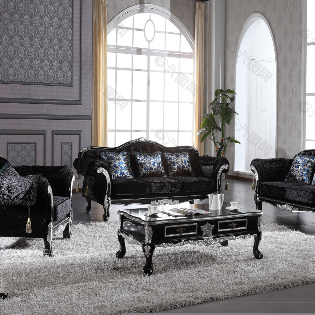 现代简中式客厅 黑色皮艺沙发设计_齐家网装修效果图