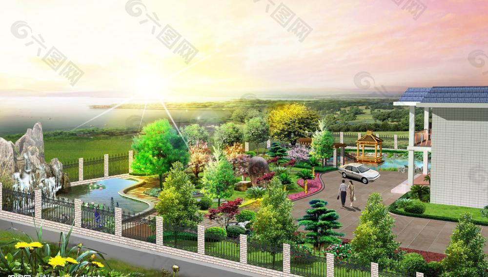 别墅景观绿化效果图图片