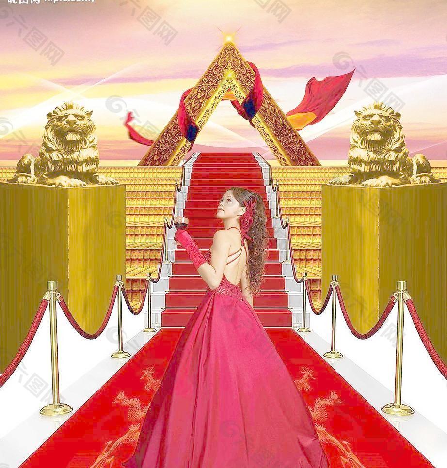 红地毯 台阶 飘带 美女图片