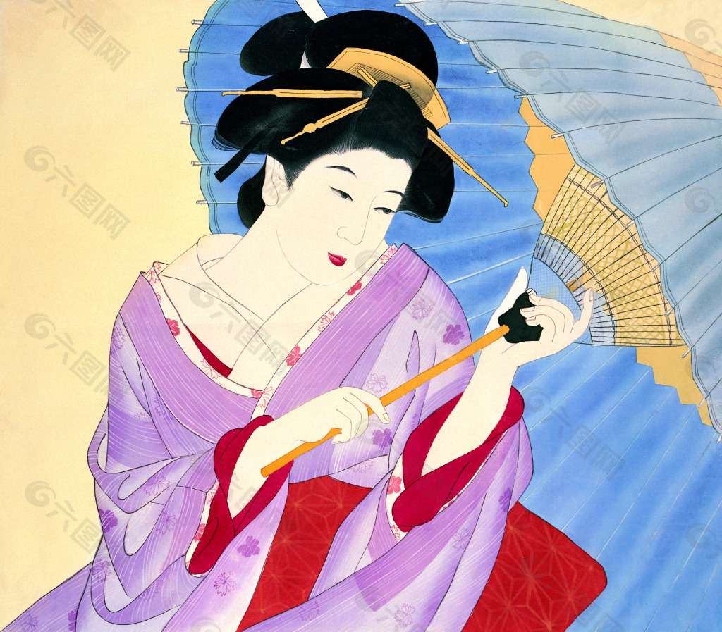 双手打着纸伞的和服日本侍女
