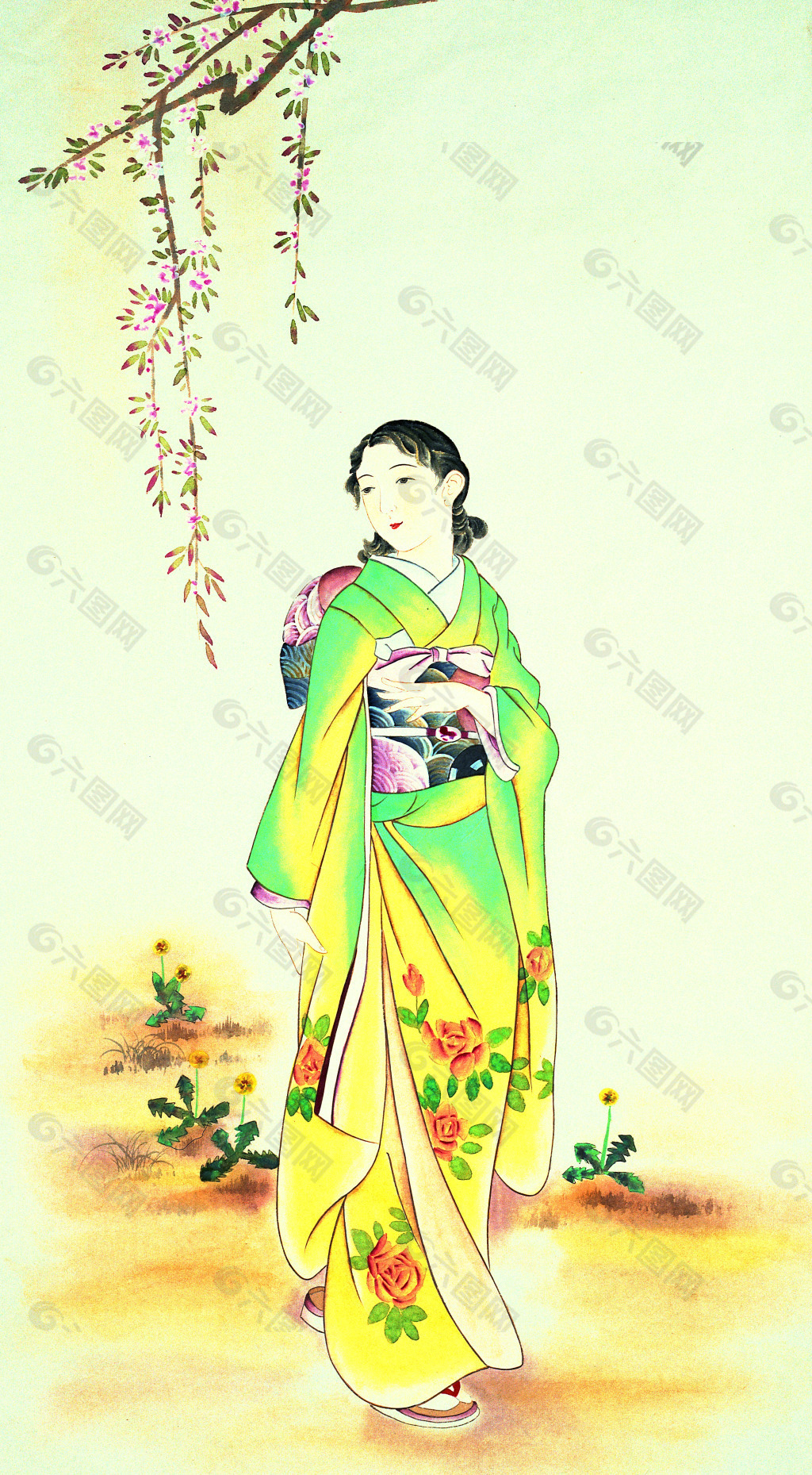 手绘花    和服日本侍女