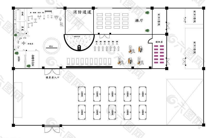 健身房功能分区平面图图片