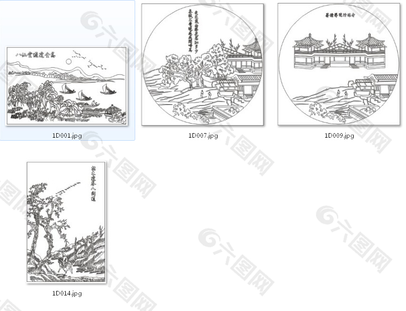 古代建筑适量山水画雕刻图