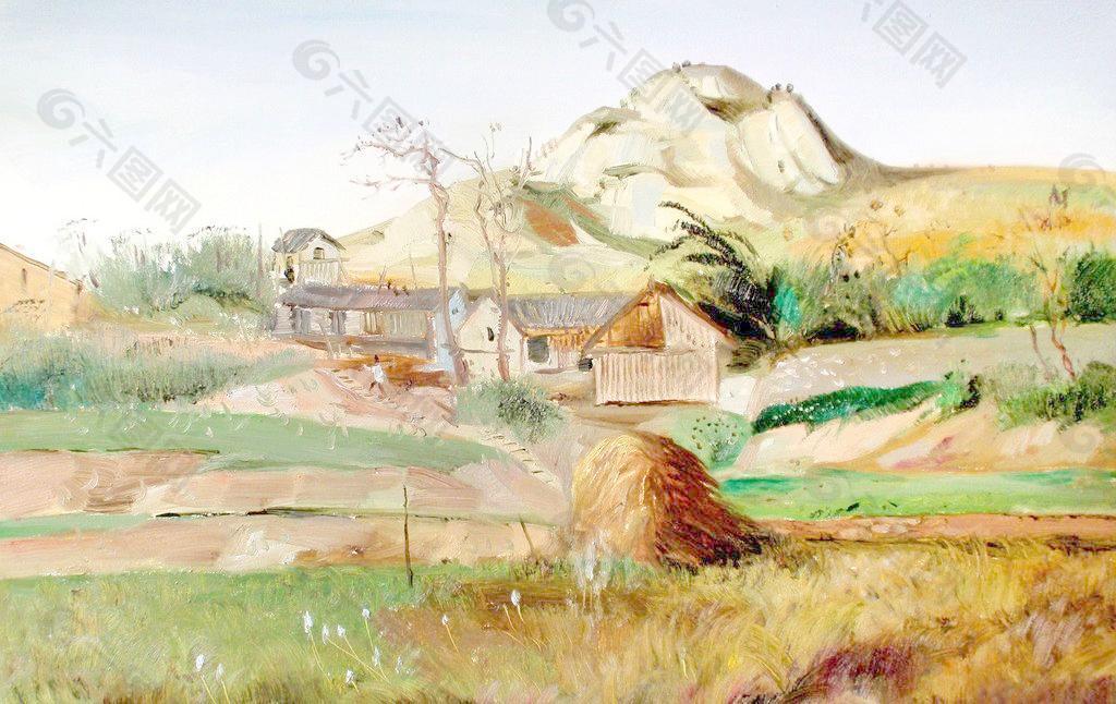 美术 油画 风景画 乡村 房屋 农家 树木 花木 油画艺术图片