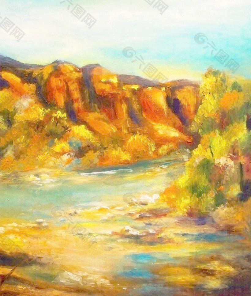 油画 山谷河流图片