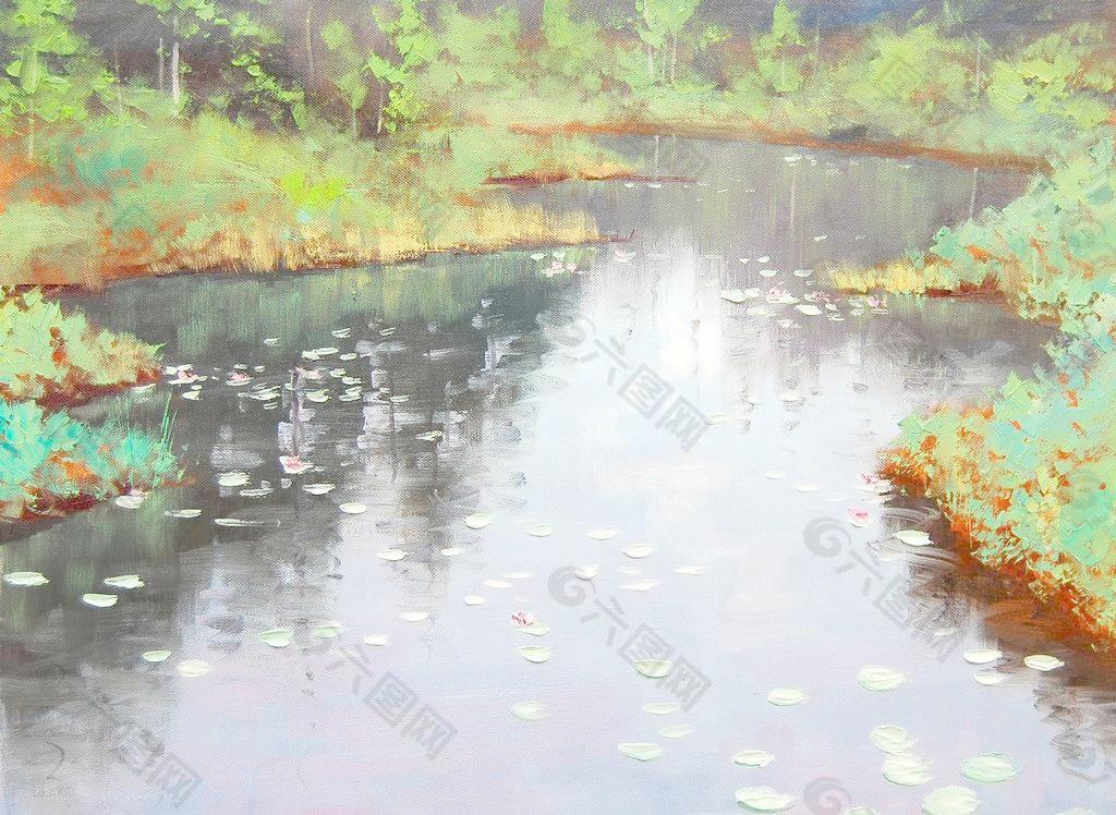 油画 池塘的倒影图片