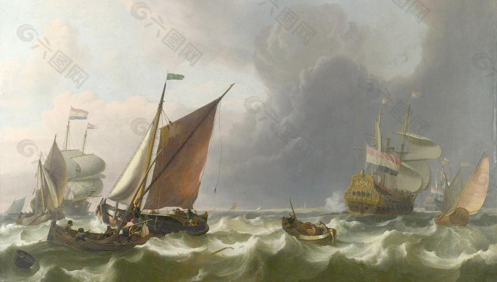 欧式船景油画图片