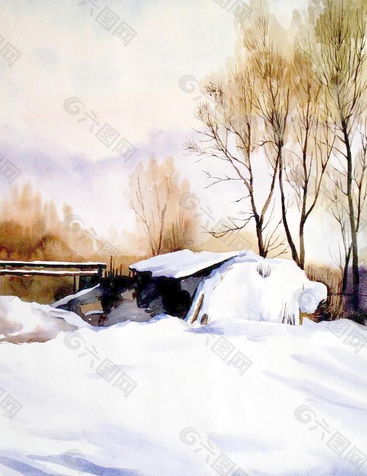 铺满白雪的木屋图片