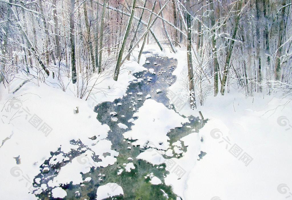 雪封溪林图片