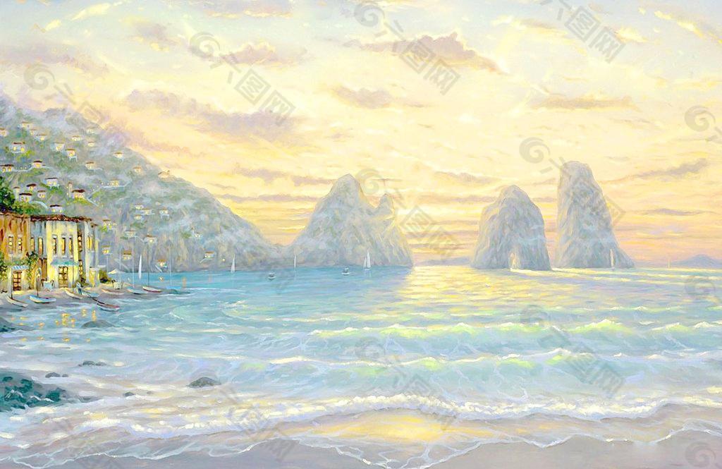 油画 海景日出图片