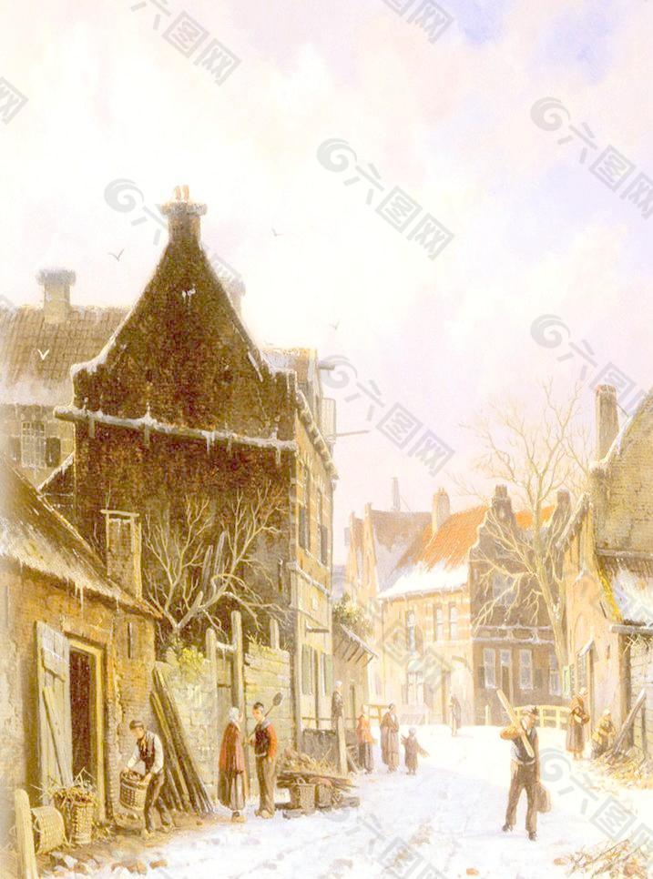 油画 在冬季里街景图片