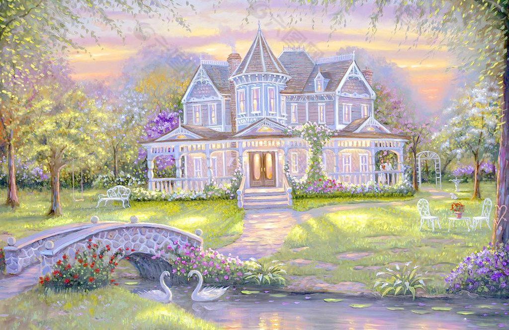 油画 童话别墅图片