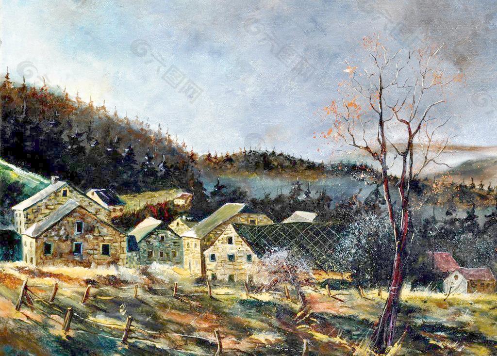 油画 秋天的村庄图片