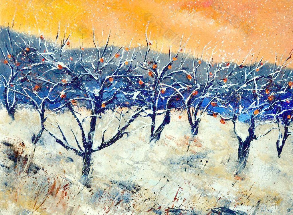 油画冬天的树图片