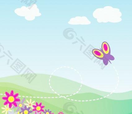 卡通的山坡上 蝴蝶和鲜花的剪辑艺术