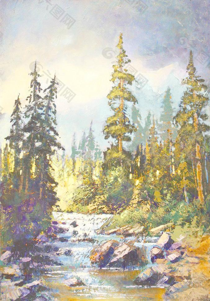 油画 森林河流图片