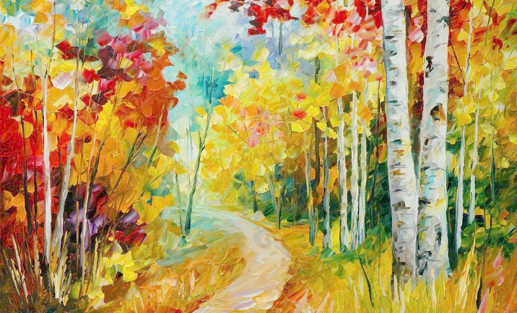 油画 秋天的桦树图片