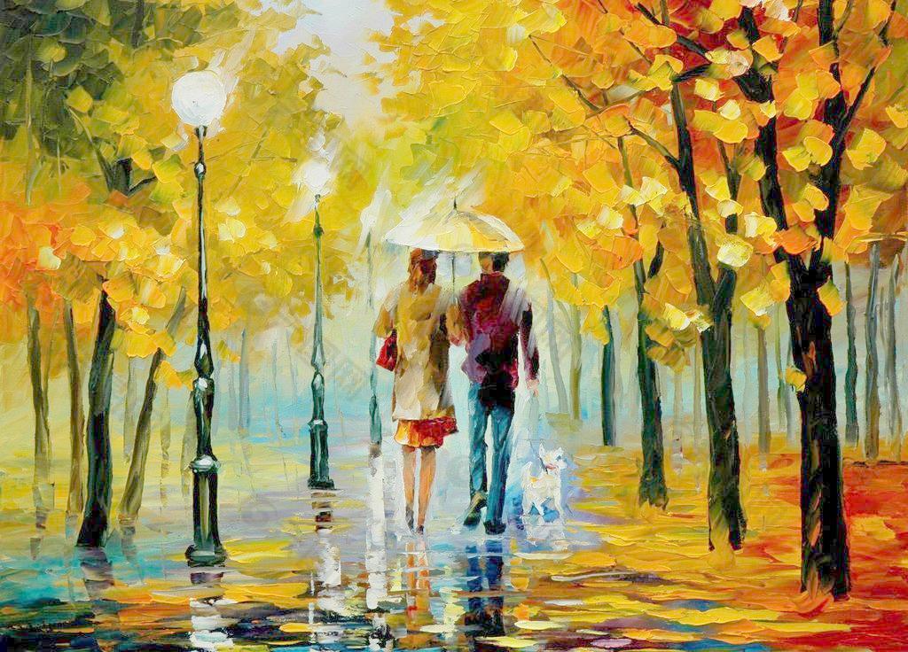 油画 浪漫的秋夜图片