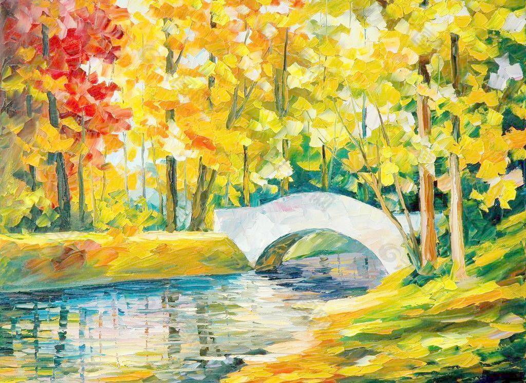 油画 秋天的小桥图片