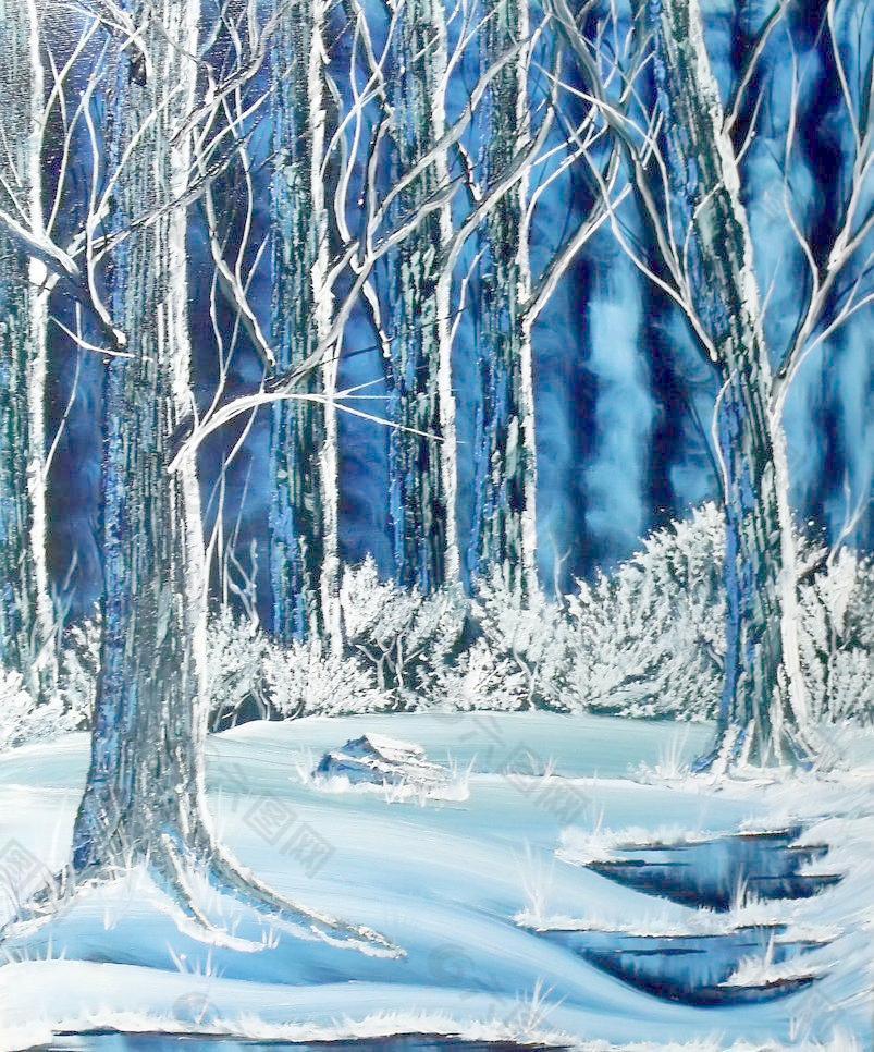 油画 冬天的树林图片