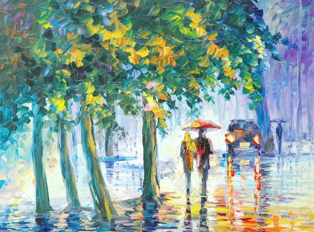 油画 雨中漫步图片