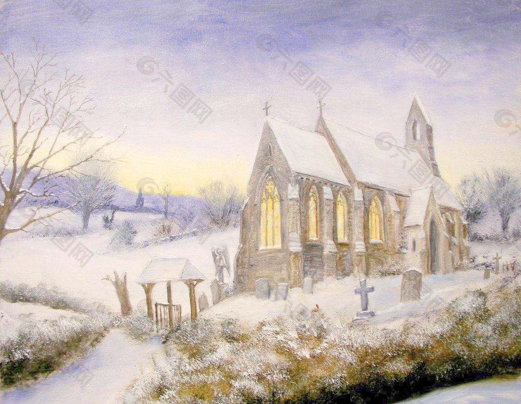 油画 冬天的教堂图片