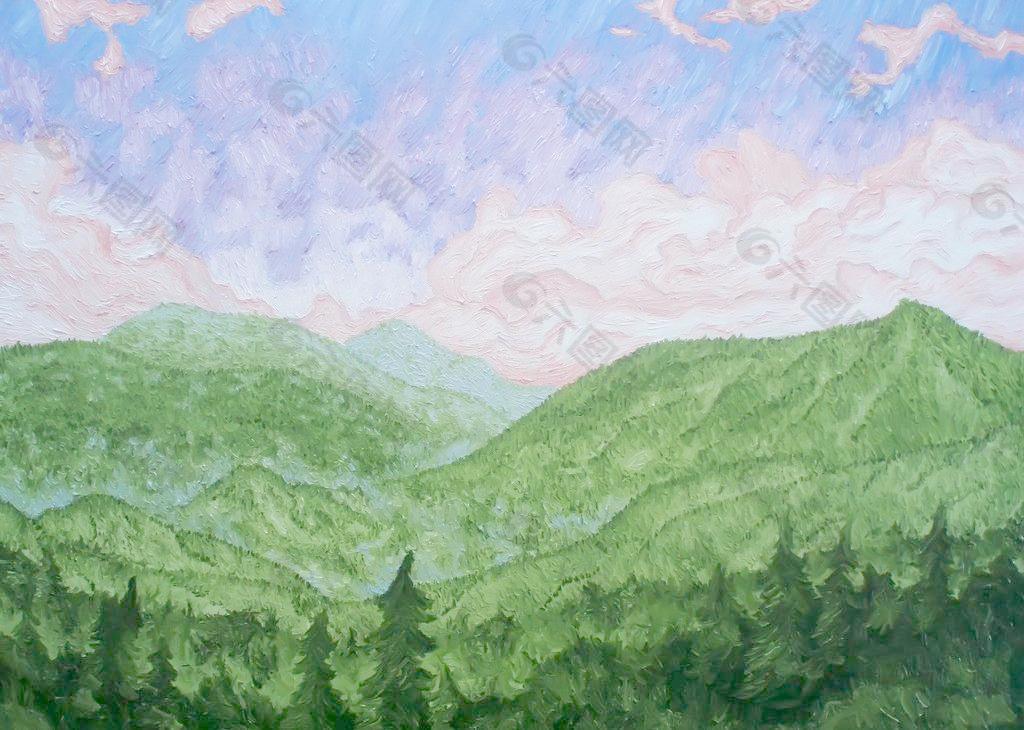 油画 绿色山脉图片