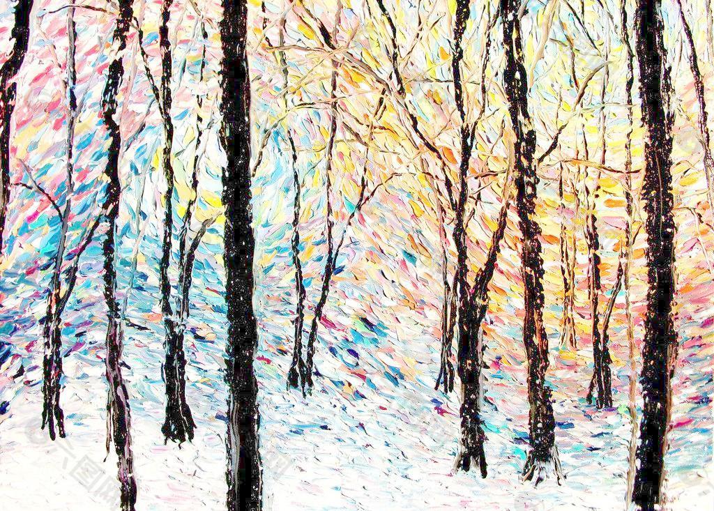 油画 冬天森林图片