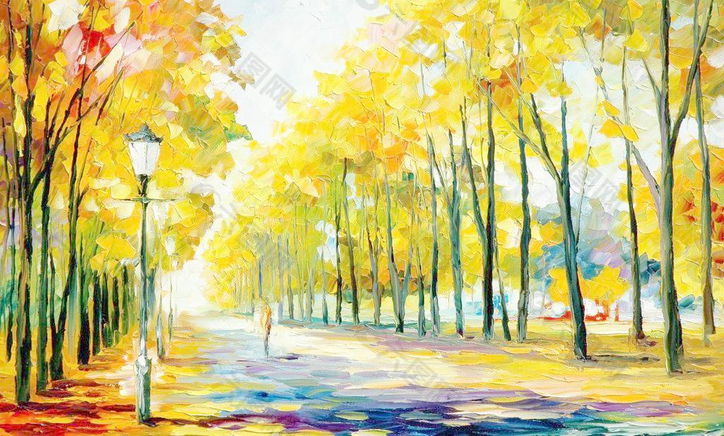 油画 秋天的道路图片