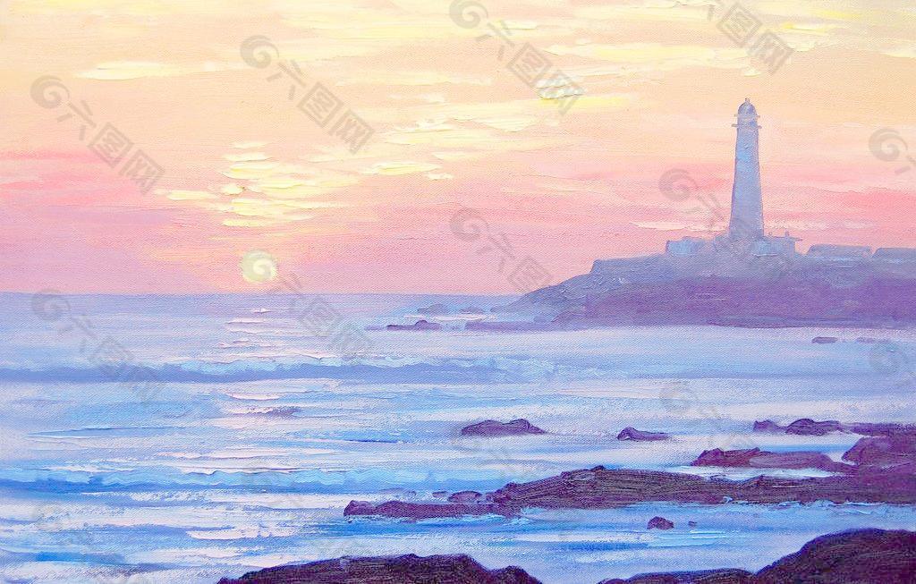 油画 海岸灯塔图片