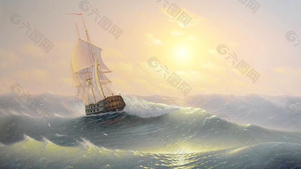 油画 海浪帆船图片