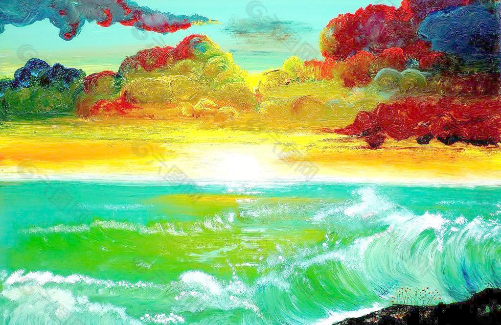 油画 海洋落日图片