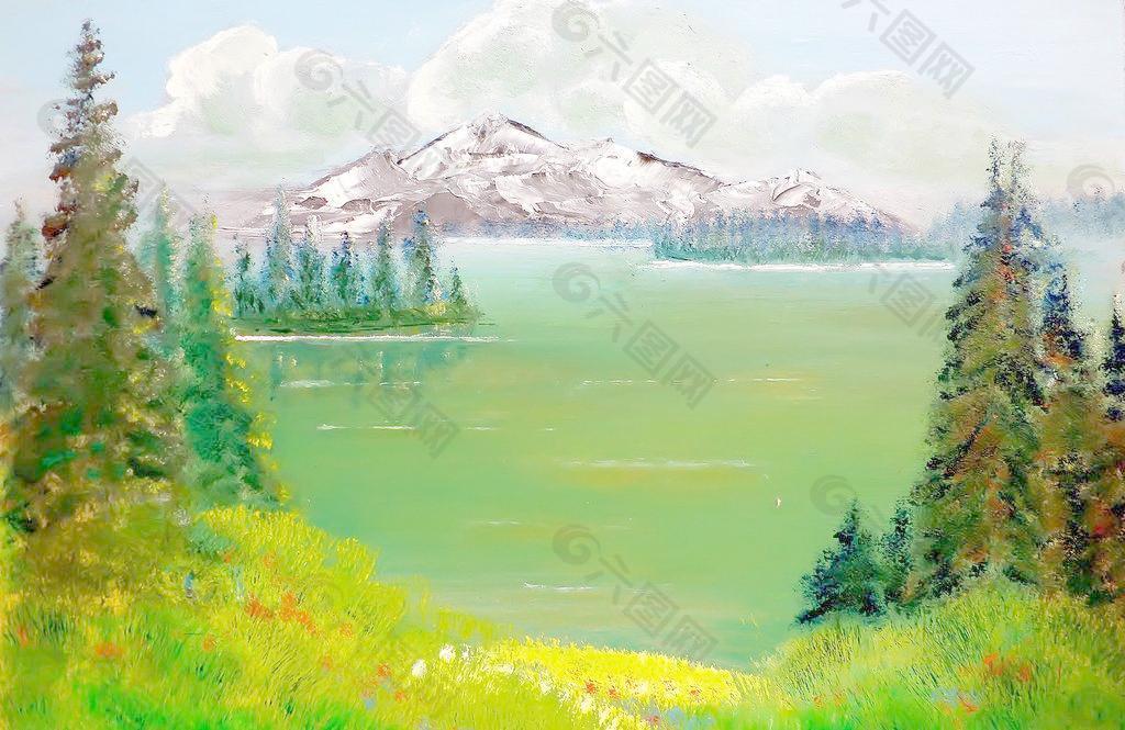 油画 雪山湖泊图片