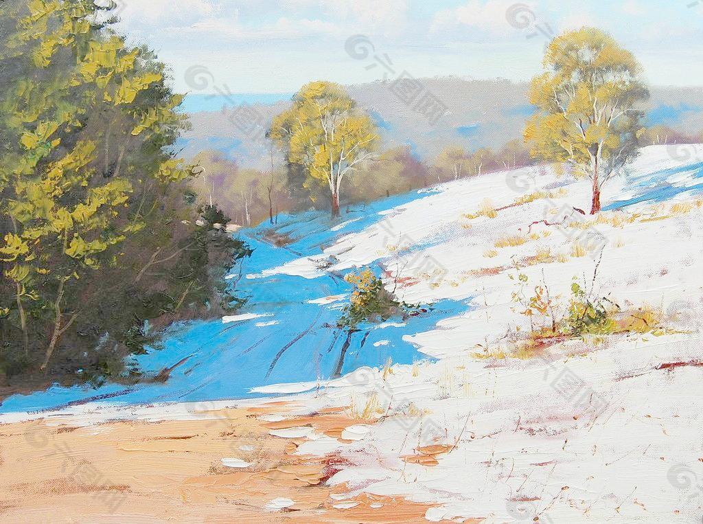 油画 积雪的山坡图片