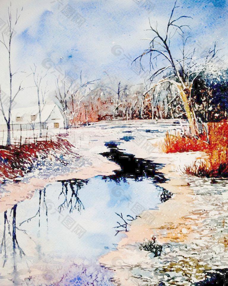 油画 冬季小河图片