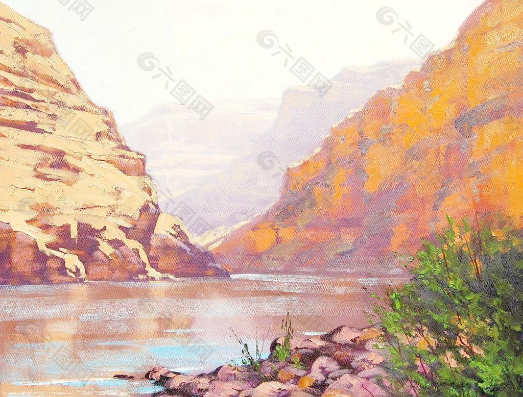 油画 峡谷河流图片